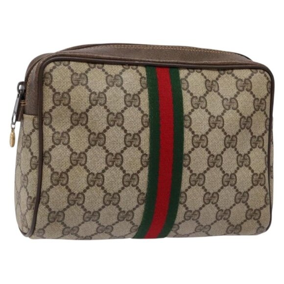 GUCCI GG Supreme Web Sherry Line Clutch Bag PVC Beige Gold 010 378 Auth BA4656 - Picture 1 of 16